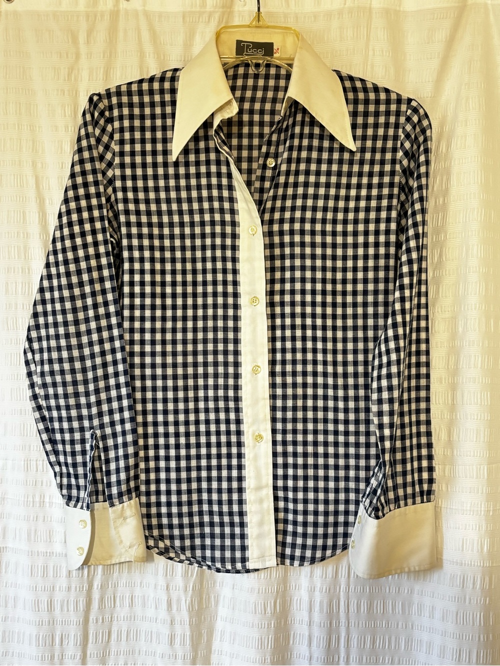 VINTAGE Gingham Blue & White Top Collared Blue & White Sz Small